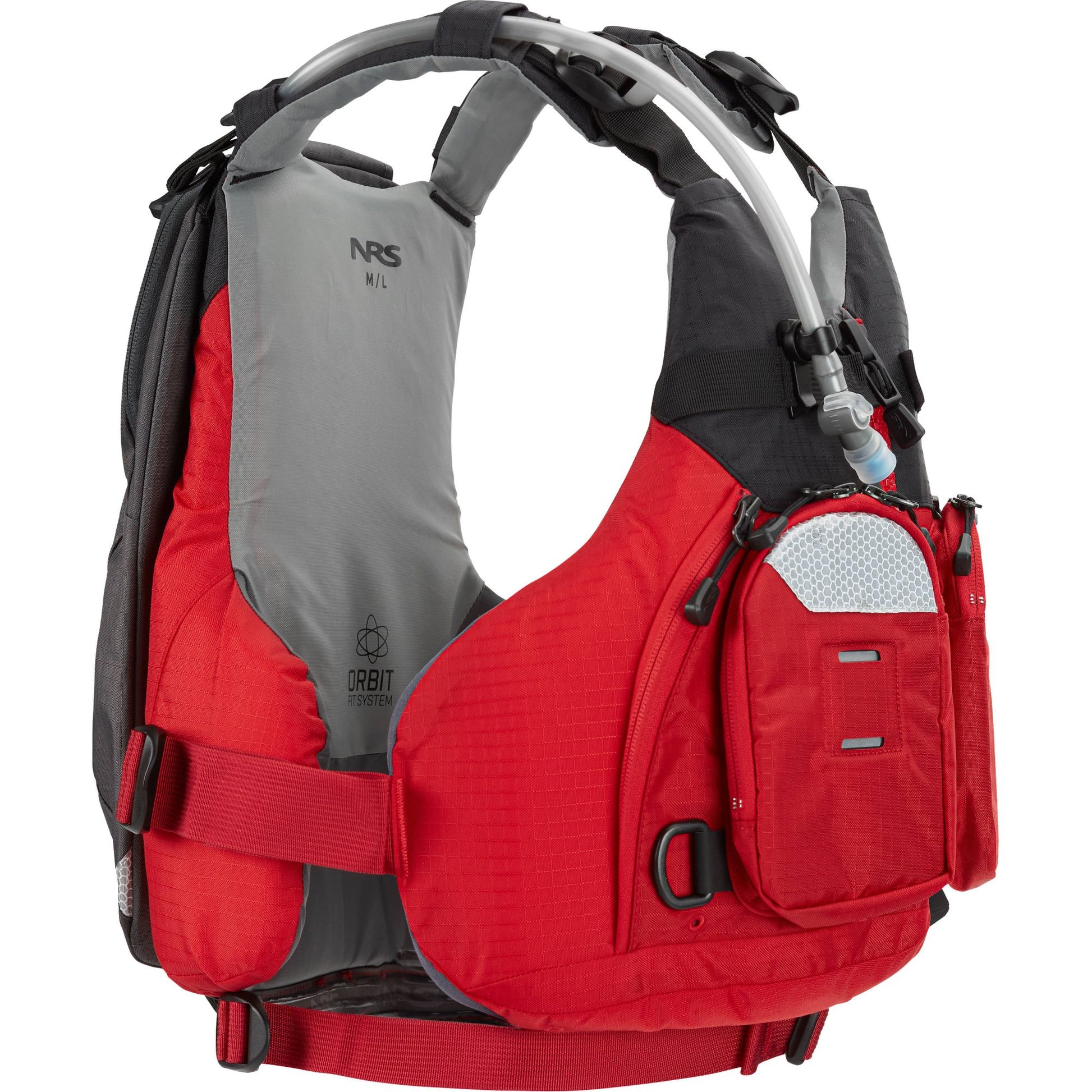 The NRS Swig Hydration Pack, a red and black life jacket, is perfect for paddling adventures with its convenient pocket on the back.