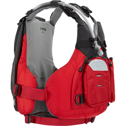 The NRS Swig Hydration Pack, a red and black life jacket, is perfect for paddling adventures with its convenient pocket on the back.
