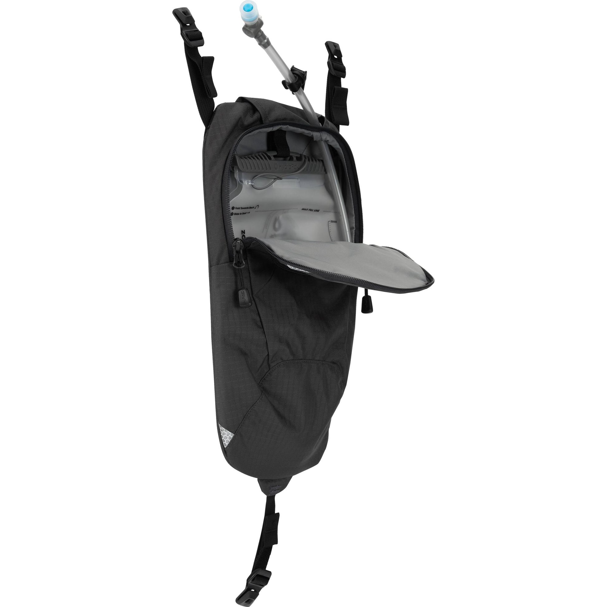 A black NRS Swig Hydration Pack, perfect for paddling adventures.