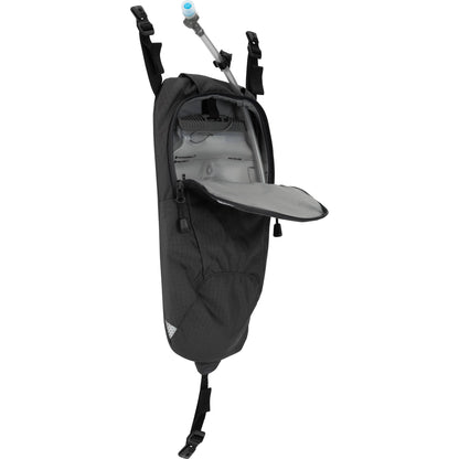 A black NRS Swig Hydration Pack, perfect for paddling adventures.
