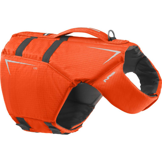 The NRS CFD Dog Life Jacket is an orange canine flotation device made from durable Ripstop Nylon, featuring a handle on top, black strap accents, and reflective elements for improved visibility and safety.