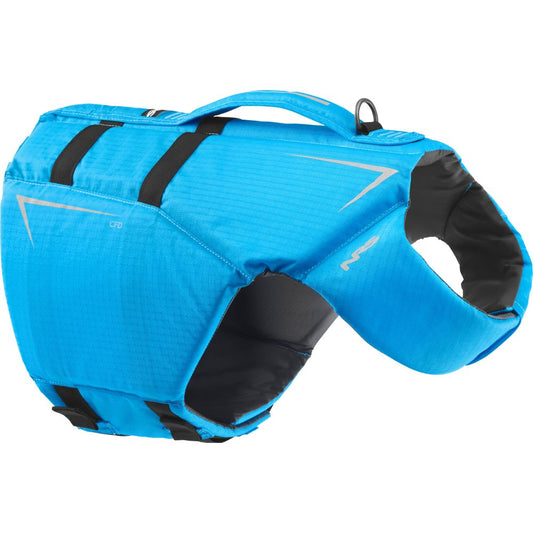The NRS CFD Dog Life Jacket features a bright blue design with black straps, top handle, and reflective accents, offering safety and buoyancy for dogs in the water.