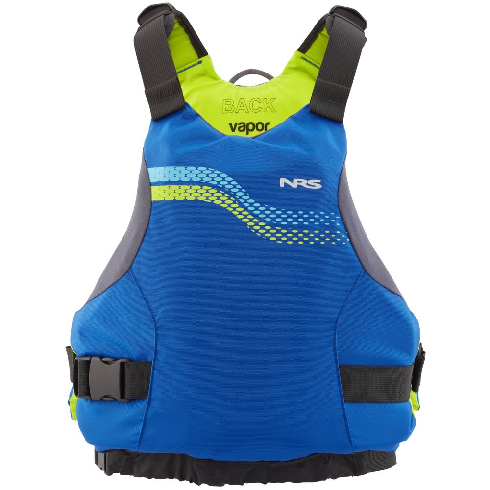 The NRS Vapor PFD is a blue and neon yellow life jacket with adjustable black straps and a patterned front, perfect for your paddling adventures.