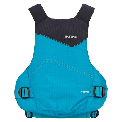 The NRS Vapor PFD is a blue and black life jacket with adjustable straps, ideal for paddling and featuring a front brand logo.