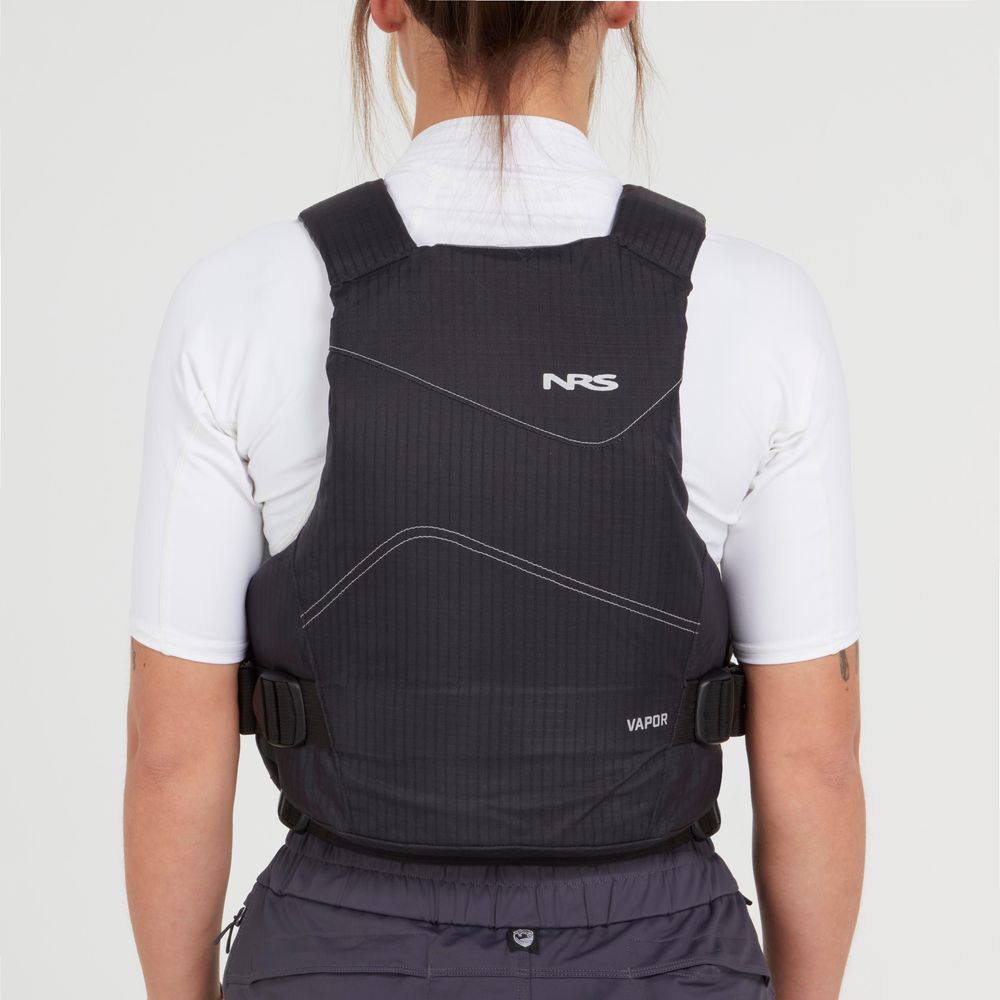 A person wearing the NRS Vapor PFD in black over a white shirt is shown from the back against a plain background—perfect for safe, comfortable paddling.