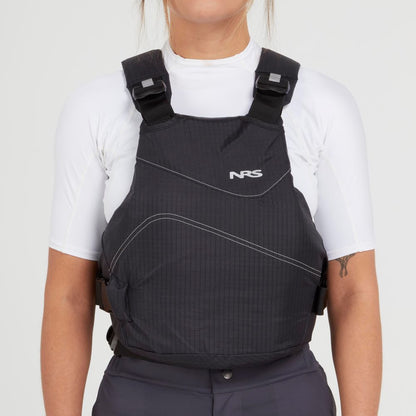 A person wearing the NRS Vapor PFD paddling life jacket over a white short-sleeve shirt, shown from the front against a plain background.