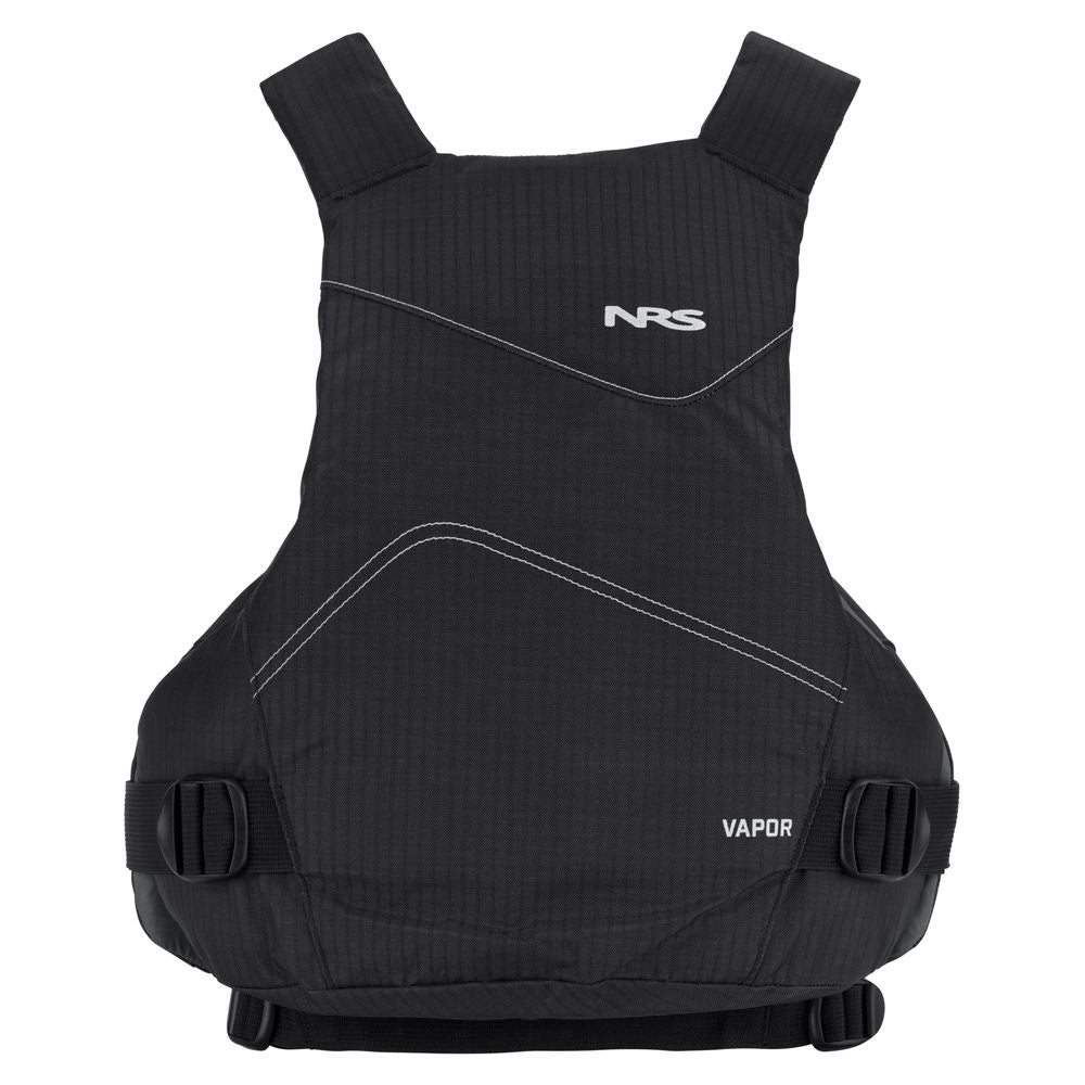 The NRS Vapor PFD is a black life jacket with white stitching, adjustable straps, and a chest logo—ideal for paddling adventures.