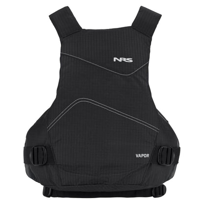 The NRS Vapor PFD is a black life jacket with white stitching, adjustable straps, and a chest logo—ideal for paddling adventures.