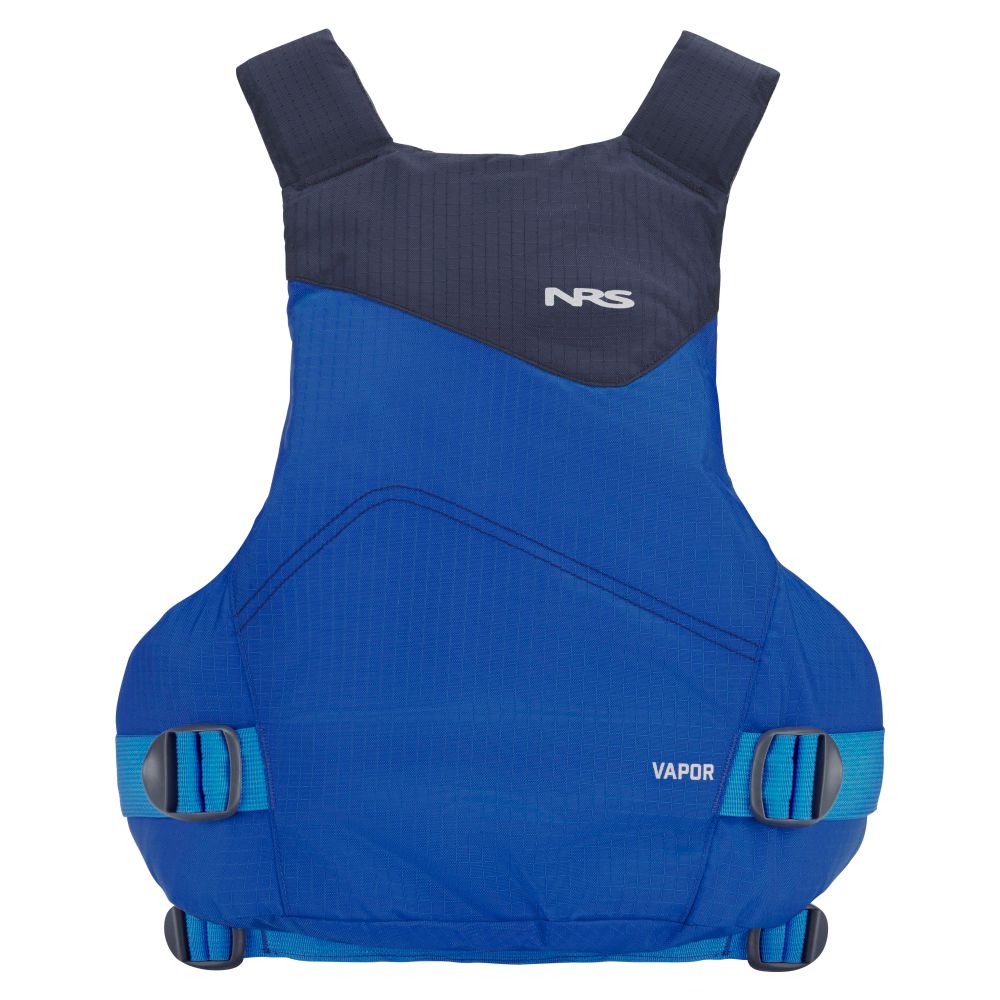 The NRS Vapor PFD is a blue life jacket with adjustable straps and a dark blue shoulder panel, perfect for paddling, displayed on a white background.