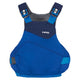 The NRS Vapor PFD is a blue life jacket with adjustable shoulder straps and front pockets, designed for paddling and shown from the front.