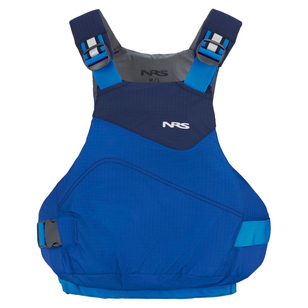 The NRS Vapor PFD is a blue life jacket with adjustable shoulder straps and front pockets, designed for paddling and shown from the front.
