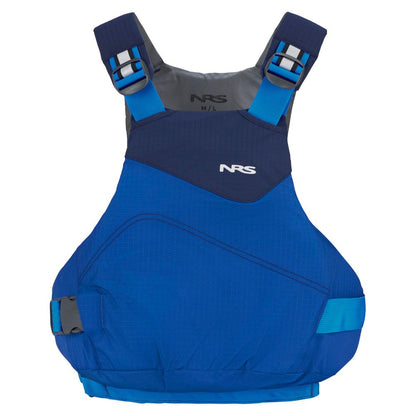 The NRS Vapor PFD is a blue life jacket with adjustable shoulder straps and front pockets, designed for paddling and shown from the front.