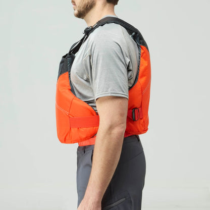 A person in a gray outfit paddles in profile, wearing an orange NRS Vapor PFD life jacket against a plain light background.