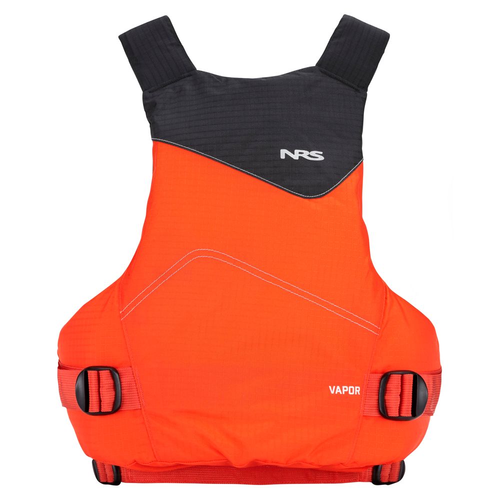 The NRS Vapor PFD is a red and black life jacket featuring adjustable straps and front branding, designed for comfortable paddling.
