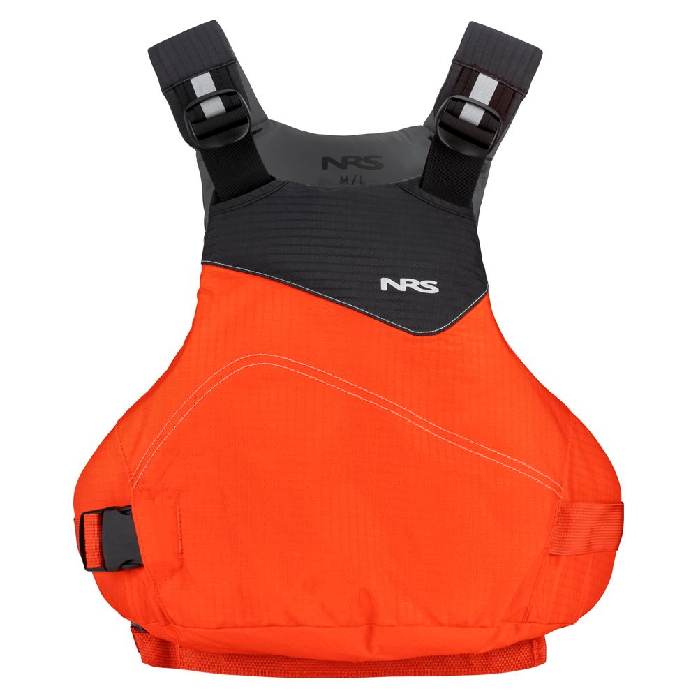The NRS Vapor PFD is an orange life jacket with black shoulder straps and buckles, featuring the NRS logo on the front—ideal for paddling adventures.