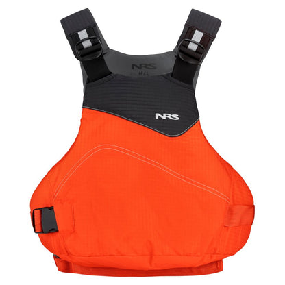 The NRS Vapor PFD is an orange life jacket with black shoulder straps and buckles, featuring the NRS logo on the front—ideal for paddling adventures.