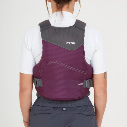 A person in an NRS Vapor PFD life jacket in purple and grey, worn over a white shirt and viewed from the back against a plain backdrop—perfect for paddling adventures.