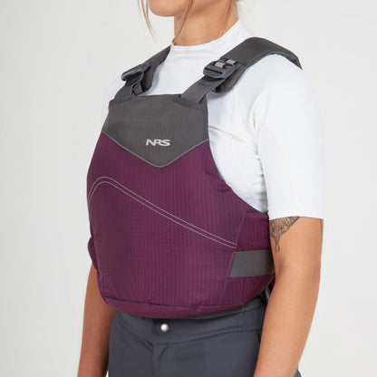 Someone wearing the NRS Vapor PFD in purple and gray over a white short-sleeve shirt, shown from the side—ideal for paddling adventures.