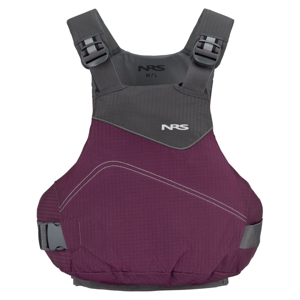 The NRS Vapor PFD is a maroon and gray life jacket featuring adjustable straps, front buckles, and "NRS" logos on the chest and pocket—ideal for paddling adventures.