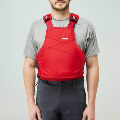 A person in a gray shirt and dark pants models the NRS Vapor PFD life jacket in red against a plain light background—an ideal choice for paddling adventures.