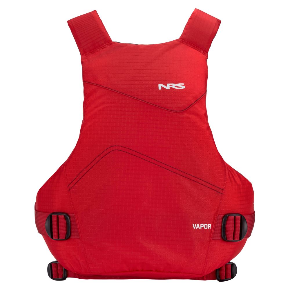 The NRS Vapor PFD is a red life jacket featuring black adjustable straps and a white NRS logo on the front, ideal for paddling adventures.
