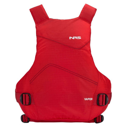 The NRS Vapor PFD is a red life jacket featuring black adjustable straps and a white NRS logo on the front, ideal for paddling adventures.