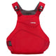 The NRS Vapor PFD is a red life jacket with black and grey adjustable straps, designed for paddling, water safety, and outdoor activities.