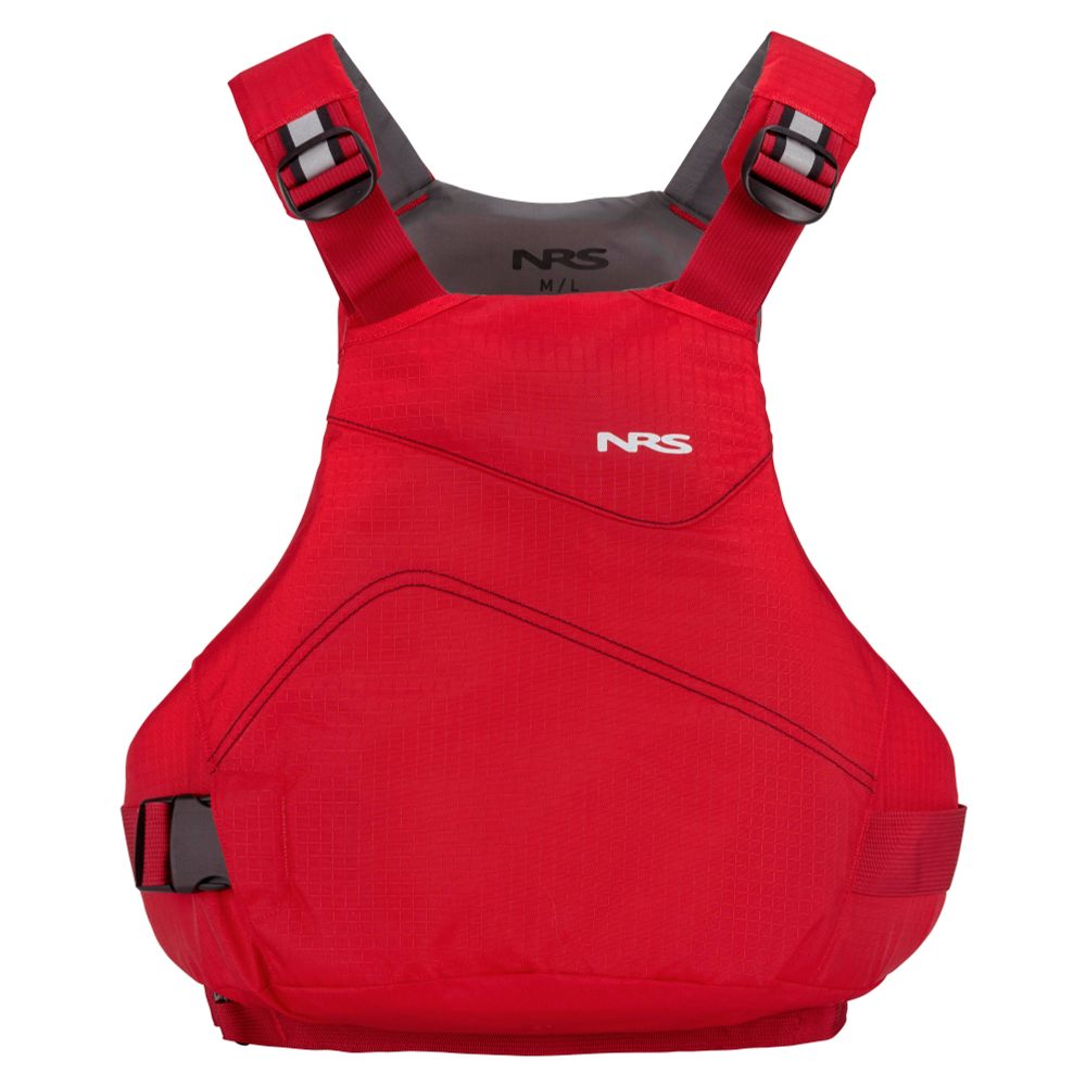The NRS Vapor PFD is a red life jacket with black and grey adjustable straps, designed for paddling, water safety, and outdoor activities.
