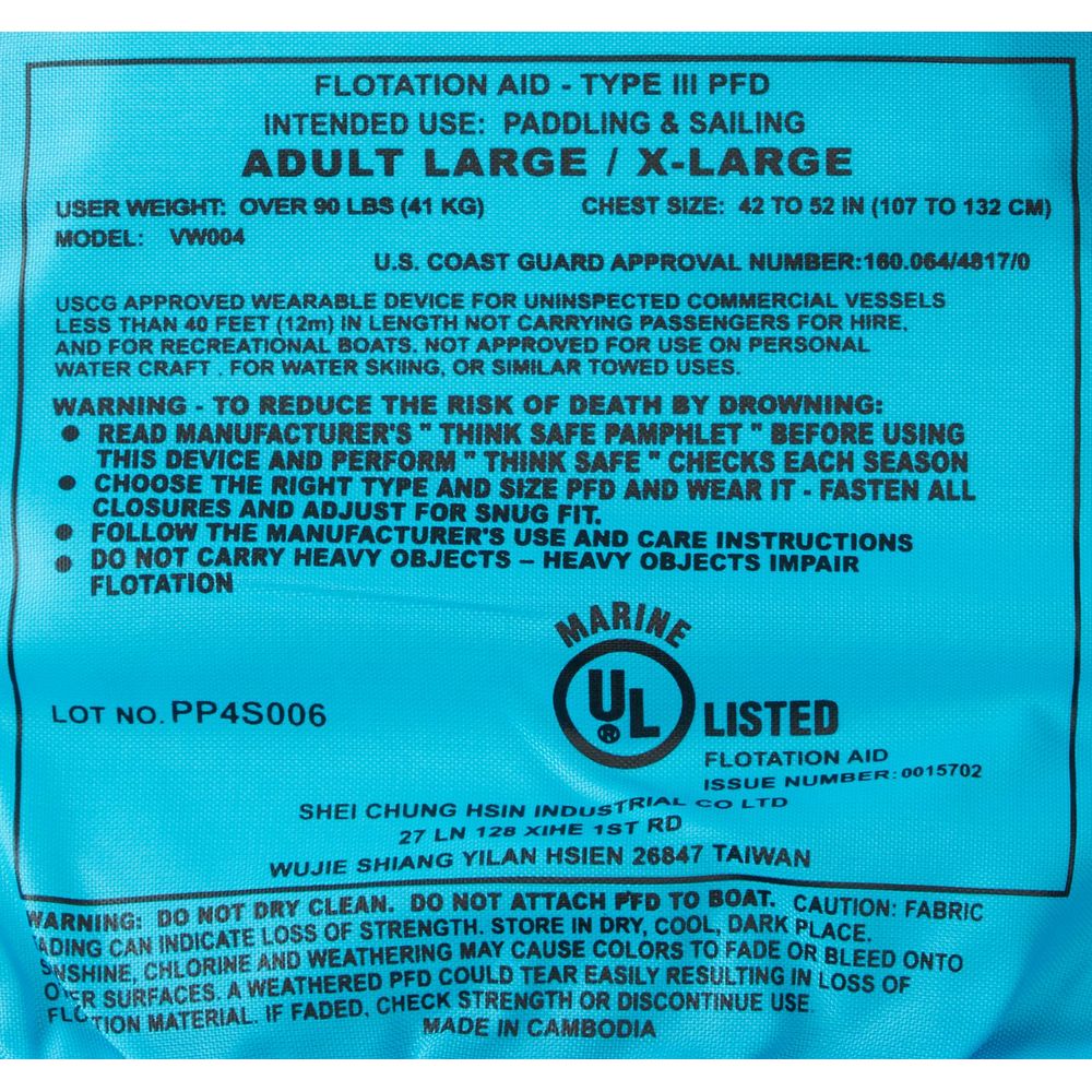 The blue Siren PFD by NRS features a label with safety warnings, manufacturer details, and adjustable usage instructions for large to extra-large adult sizes. Designed for comfort, this women's flotation aid ensures both safety and ease of movement.