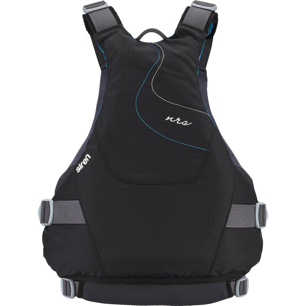 The Siren PFD by NRS, in black ripstop nylon, features adjustable gray shoulder and side straps with blue stitching details for a comfortable fit on any aquatic adventure.
