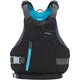 The NRS Siren PFD for women features a black and teal design with gray straps, an adjustable fit, and a front zipper pocket for convenience.
