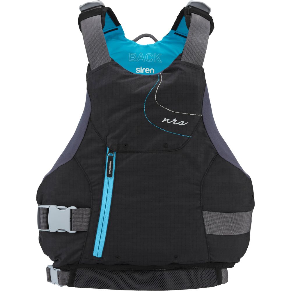 The NRS Siren PFD for women features a black and teal design with gray straps, an adjustable fit, and a front zipper pocket for convenience.