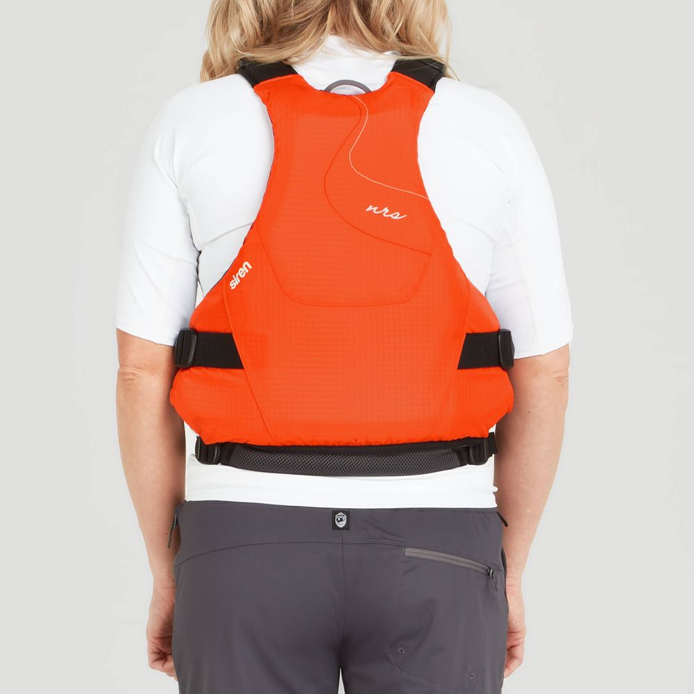 A person is wearing the NRS Siren PFD - Women's, an orange life jacket over a white shirt, viewed from the back. The adjustable fit for comfort characteristic of women's PFDs is highlighted.
