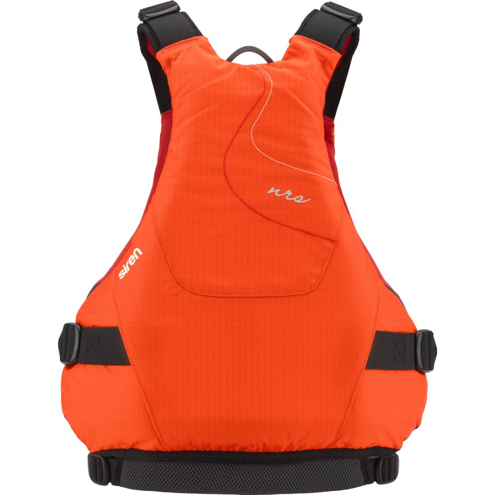 The NRS Siren PFD for women offers a bright orange design with black adjustable straps and white text, ensuring safety and comfort on the water.