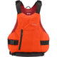 The NRS Siren PFD for women is orange and red with adjustable black straps, a front zippered pocket, and a "siren" label, ensuring both comfort and style.