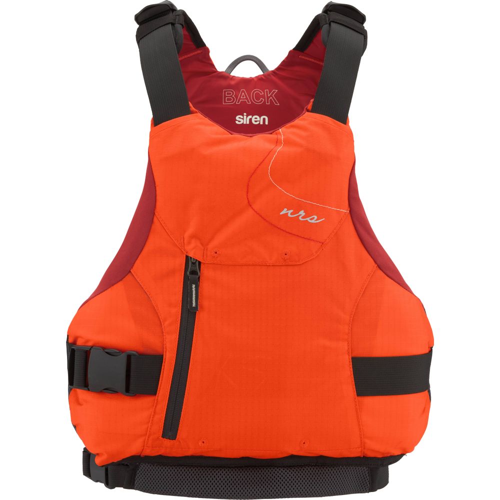 The NRS Siren PFD for women is orange and red with adjustable black straps, a front zippered pocket, and a "siren" label, ensuring both comfort and style.