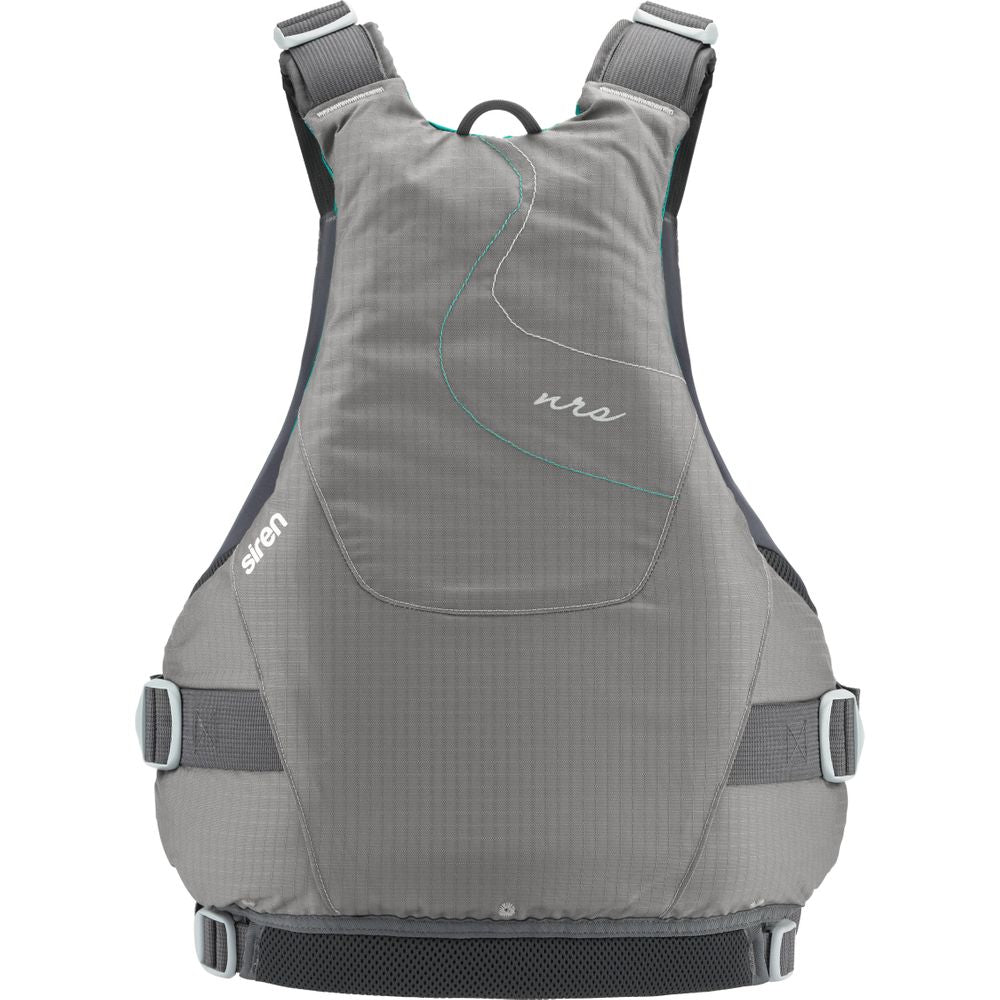 The NRS Siren PFD for women features an adjustable fit and straps, showcasing stitching details and a sleek design for ultimate comfort. This gray life jacket combines style with safety.