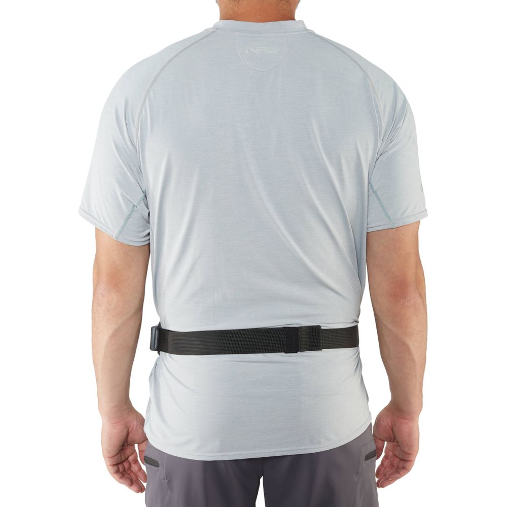 A person wearing a light gray T-shirt and dark shorts is seen from behind, featuring a black adjustable belt around their waist that cleverly conceals the Zephyr Inflatable PFD by NRS, an essential standup paddleboard accessory.