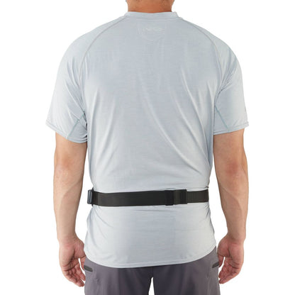 A person wearing a light gray T-shirt and dark shorts is seen from behind, featuring a black adjustable belt around their waist that cleverly conceals the Zephyr Inflatable PFD by NRS, an essential standup paddleboard accessory.