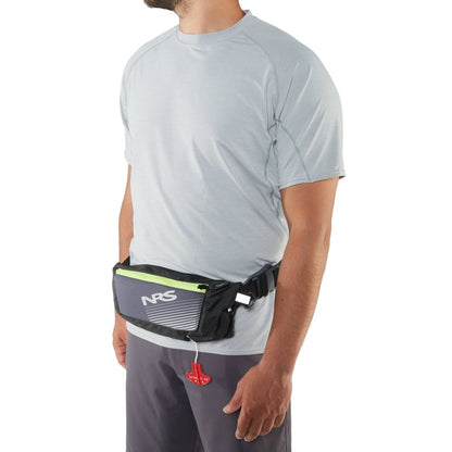 A person models the NRS Zephyr Inflatable PFD, a sleek black and grey waist pouch with a red pull tab and an "NRS" logo. This light grey shirt and dark shorts ensemble is perfect for any standup paddleboarding adventure.