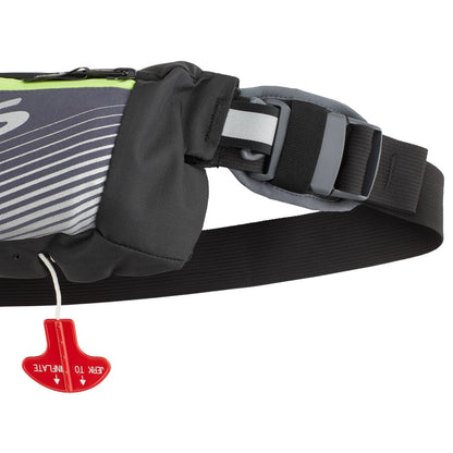 Close-up of the black adjustable strap with a plastic buckle and red "Jerk to Inflate" pull tab, designed for the NRS Zephyr Inflatable PFD life jacket, attached to a black fabric item.
