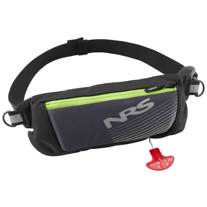 The Zephyr Inflatable PFD by NRS is a sleek black waist pack with a green zipper pocket and red pull tab, featuring the NRS logo. It's an essential standup paddleboard accessory, enhancing safety during water adventures.