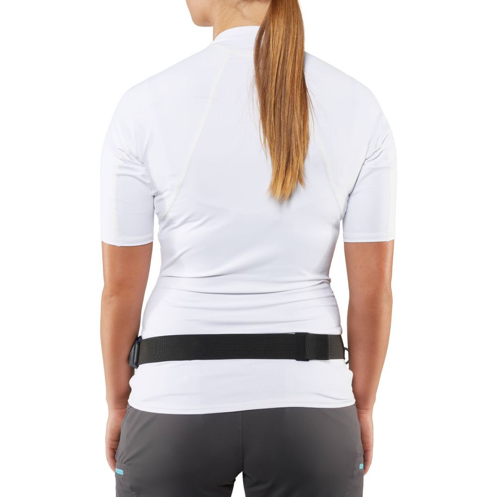 Rear view of a person wearing a white short-sleeve shirt, gray pants, and a black belt, complemented by the NRS Zephyr Inflatable PFD. Their hair is tied back neatly.