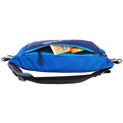 The NRS Zephyr Inflatable PFD, perfect for standup paddleboarding, features a blue waist bag with an open zipper revealing a yellow sunscreen and a green item inside. It includes an adjustable black strap to keep your essentials secure on all your adventures.