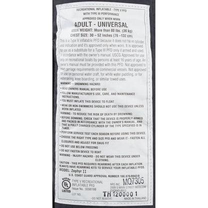 Close-up of NRS Zephyr Inflatable PFD label showing size, weight limits, warnings like avoiding use when unconscious, and care tips. Perfect for standup paddleboarding to boost water safety.
