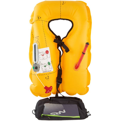 The Zephyr Inflatable PFD by NRS is a yellow life jacket equipped with an attached whistle, pressure gauge, manual inflation tube, and black straps. It's an ideal paddleboard accessory, complete with a black storage pouch at the bottom.