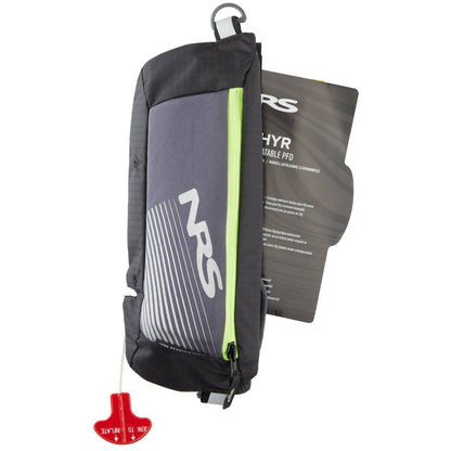 The Zephyr Inflatable PFD by NRS is a self-inflating life jacket with a gray and black design, green zipper, red "PULL TO INFLATE" tab, and NRS logo. It's the perfect safety and convenience accessory for standup paddleboarding.