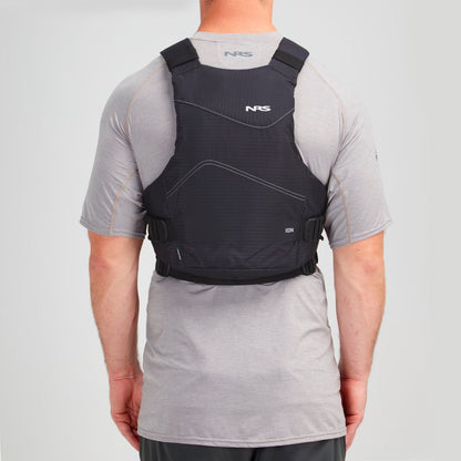 Against a plain background, a person in a gray shirt models the black NRS Ion PFD, highlighting its ultra-soft foam and Cool Flow System, while facing away from the camera.