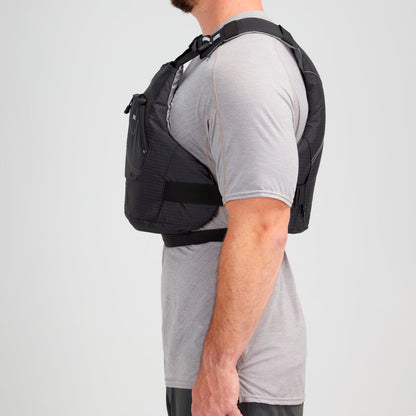 Side view of a person wearing an NRS Ion PFD, a black weighted vest with ultra-soft foam, over a gray T-shirt against a plain background.