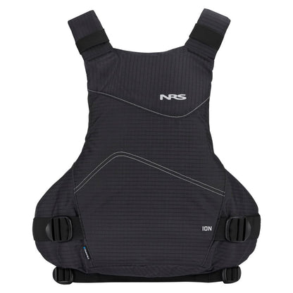 The NRS Ion PFD is a black Type III life jacket with ultra-soft foam, adjustable shoulder straps, and side buckles. Featuring a Cool Flow System for enhanced breathability, it offers comfort and safety on the water.